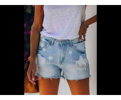 2022  Arrivals Summer printed start Short Women Jeans Amazon Hot Sales High Waist Elastic Ladies