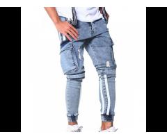 Custom Oem Striped Men Jeans Vintage Blue Denim Joggers Men Cargo Pockets Tape