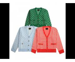 Spring autumn V neck red plaid green jacquard vintage sweaters Christmas loose knit coat