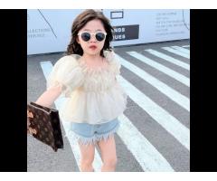 KS0302 Fancy girls organza top summer puff sleeve tee cute smock blouse